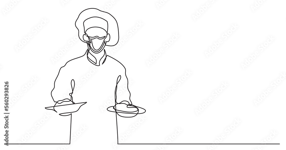Poster continuous line drawing chef holding two meals wearing face mask - png image with transparent backgr
