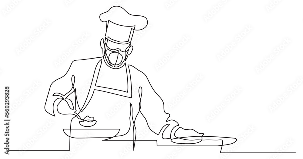 Poster continuous line drawing chef preparing food wearing face mask - png image with transparent backgroun