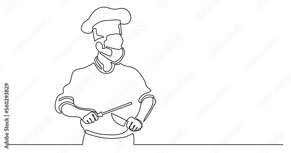 Poster continuous line drawing chef sharpening knife wearing face mask - png image with transparent backgro