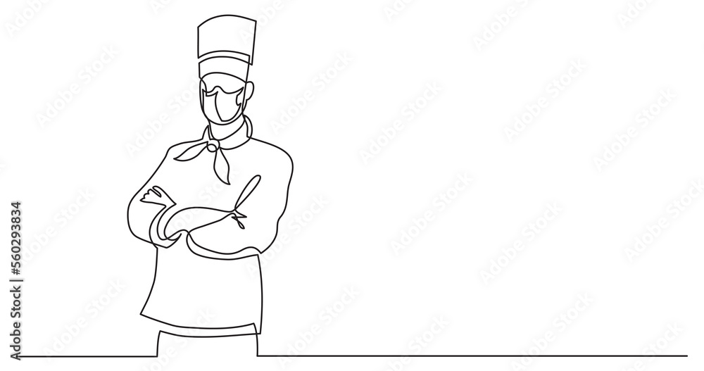 Poster continuous line drawing confident chef standing wearing face mask - png image with transparent backg