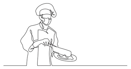 continuous line drawing chef cooking meal wearing face mask - PNG image with transparent background