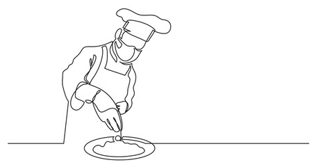 continuous line drawing chef finishing meal wearing face mask - PNG image with transparent background