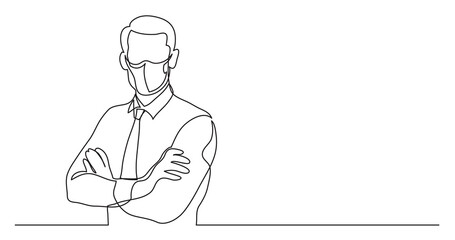 continuous line drawing confident businessman wearing face mask - PNG image with transparent background