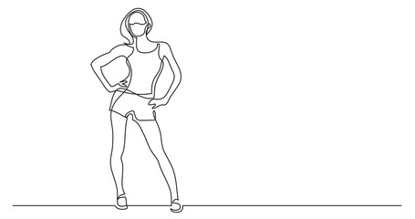 continuous line drawing confident fitness woman standing wearing face mask - PNG image with transparent background