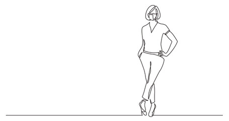 continuous line drawing confident woman posing standing wearing face mask - PNG image with transparent background