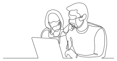 Fototapeta na wymiar continuous line drawing coworkers watching laptop together wearing face mask - PNG image with transparent background
