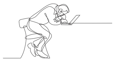 continuous line drawing depressed businessman sitting bihind laptop computer wearing face mask - PNG image with transparent background
