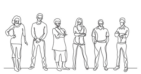 continuous line drawing diverse crowd of standing people wearing face mask - PNG image with transparent background