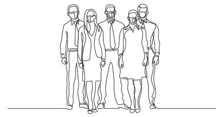 continuous line drawing four business professionals standing confident wearing face mask - PNG image with transparent background
