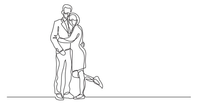 continuous line drawing couple standing hugging wearing face mask - PNG image with transparent background