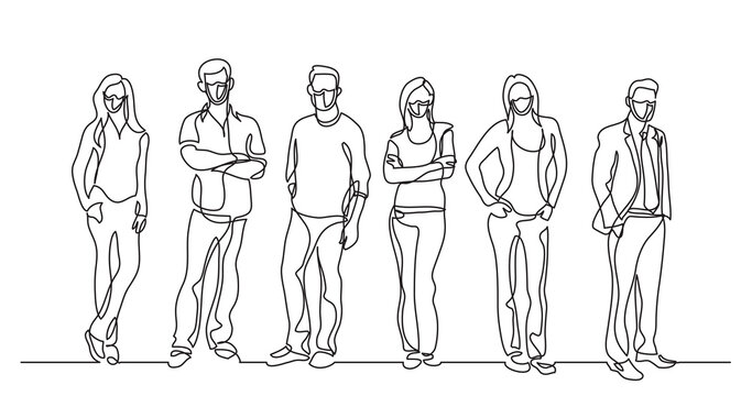 continuous line drawing diverse group of standing people wearing face mask - PNG image with transparent background
