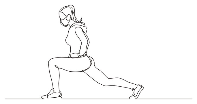 continuous line drawing female athlete stretching legs wearing face mask - PNG image with transparent background