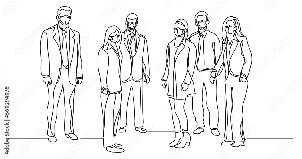 Poster continuous line drawing large group business professionals wearing face mask - png image with transp