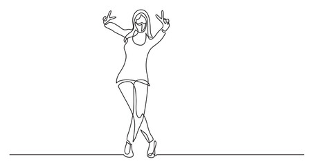 continuous line drawing happy standing woman showing victory sign wearing face mask - PNG image with transparent background