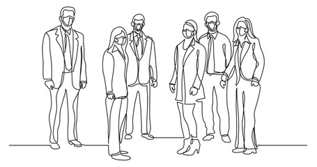 Fototapeta na wymiar continuous line drawing large group business professionals wearing face mask - PNG image with transparent background