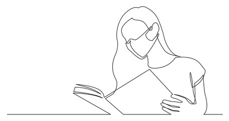 continuous line drawing long hair woman reading book wearing face mask - PNG image with transparent background