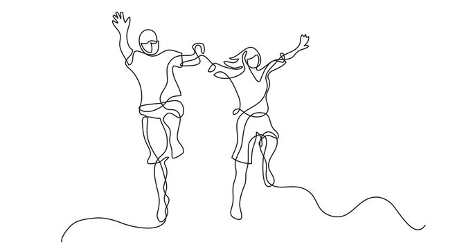 continuous line drawing happy jumping couple wearing face mask - PNG image with transparent background