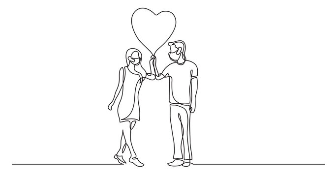 continuous line drawing happy lovers with heart balloon wearing face mask - PNG image with transparent background