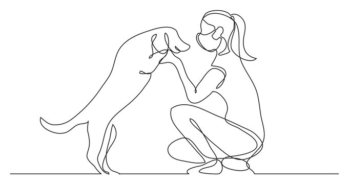 continuous line drawing happy pet lover with dog wearing face mask - PNG image with transparent background