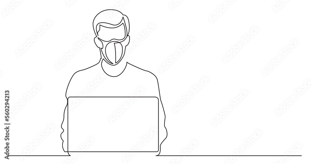 Poster continuous line drawing man sitting behind laptop computer wearing face mask - png image with transp