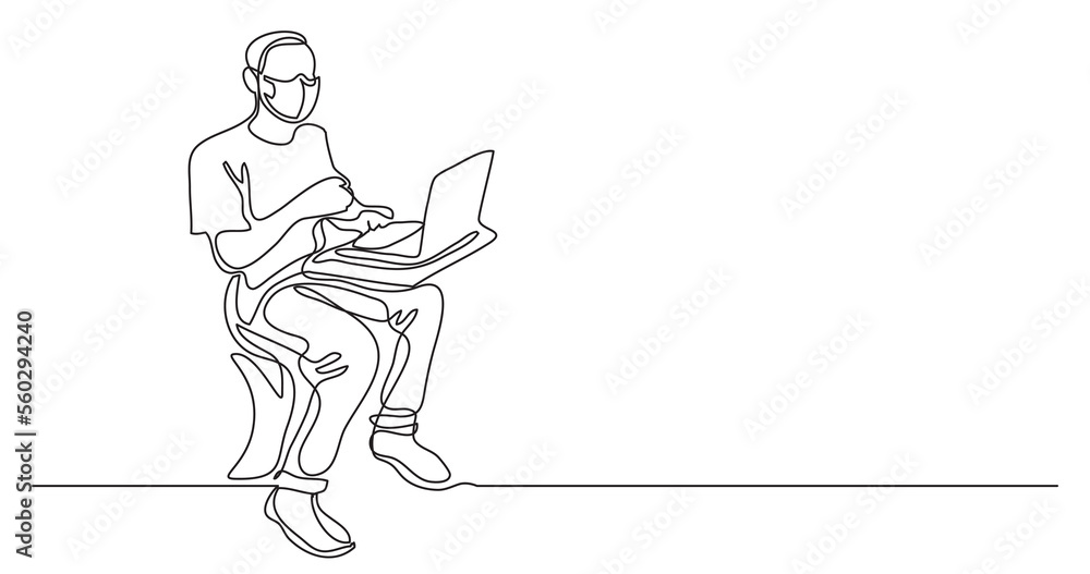 Poster continuous line drawing man sitting working on computer wearing face mask - png image with transpare