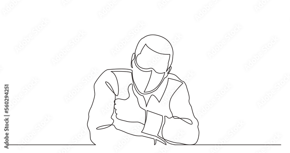 Poster continuous line drawing man with blank banner showing thumb up wearing face mask - png image with tr