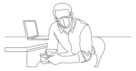 continuous line drawing man sitting reading his mobile phone wearing face mask - PNG image with transparent background