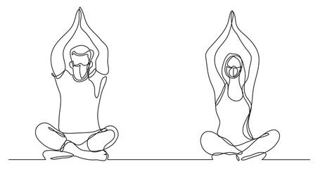 continuous line drawing man woman doing yoga wearing face mask - PNG image with transparent background