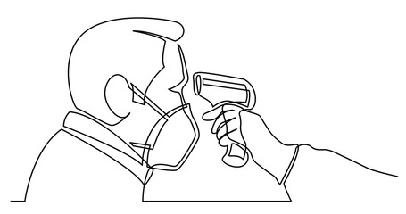 continuous line drawing of coronavirus first responder measuring temperture of man in mask - PNG image with transparent background