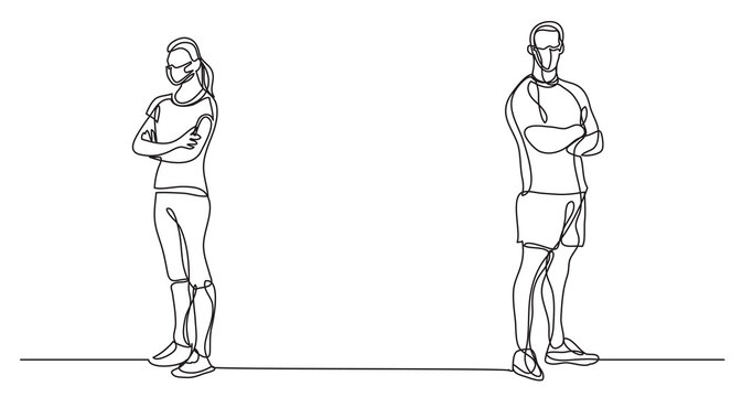 continuous line drawing man woman fitess instructors standing wearing face mask - PNG image with transparent background