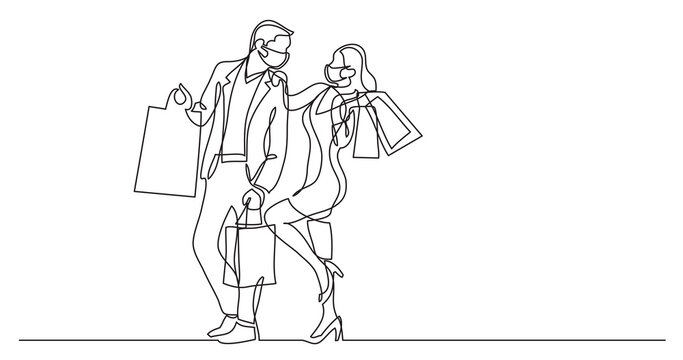 continuous line drawing man woman shopping with bags wearing face mask - PNG image with transparent background