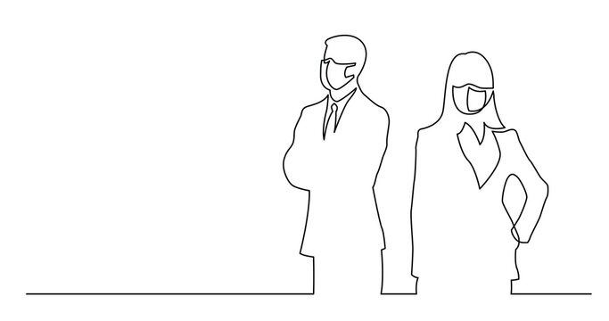 continuous line drawing of couple of business people together wearing face mask - PNG image with transparent background