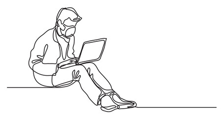 continuous line drawing of man in protective mask sitting working behind laptop computer - PNG image with transparent background