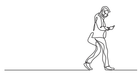 continuous line drawing of man in protective mask walking watching his mobile phone - PNG image with transparent background