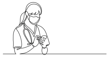 continuous line drawing of nurse in protective mask and gloves checking her mobile phone - PNG image with transparent background