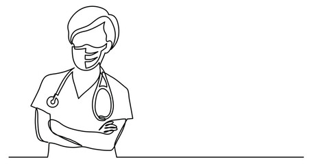 continuous line drawing of nurse in protective mask with stethoscope - PNG image with transparent background