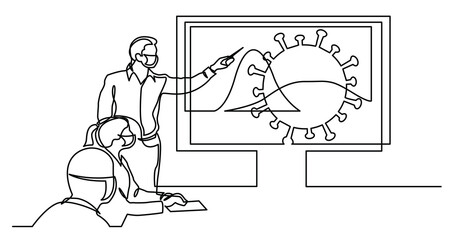 continuous line drawing of people in masks discussing how to flatten the curve on coronavirus cases - PNG image with transparent background