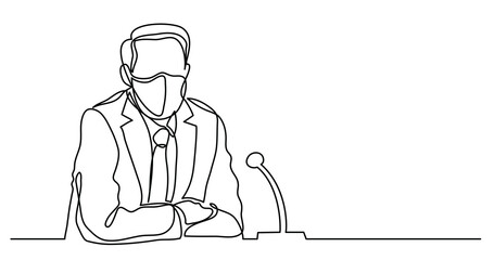 continuous line drawing of politician in protective masks speaking during briefing about coronavirus - PNG image with transparent background