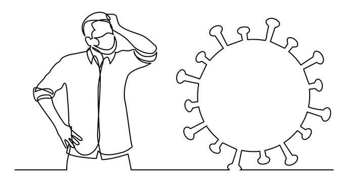 continuous line drawing of man in mask  worrying about coronavirus threat - PNG image with transparent background