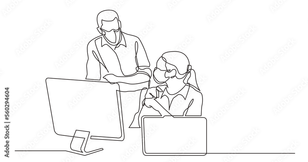 Poster continuous line drawing office workers discussing problem wearing face mask - png image with transpa