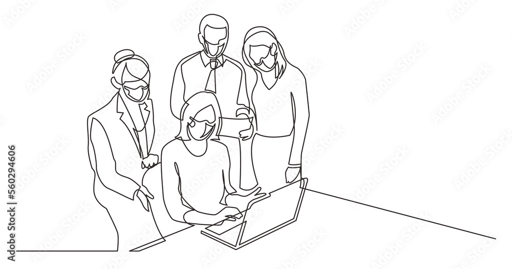 Poster continuous line drawing office workers discussion with laptop computer wearing face mask - png image