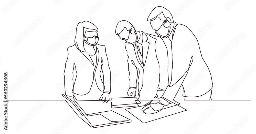 Poster continuous line drawing office workers editing documents wearing face mask - png image with transpar