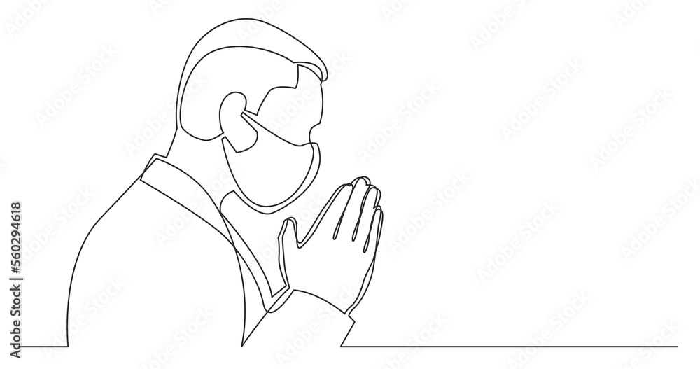Poster continuous line drawing praying man wearing face mask - png image with transparent background