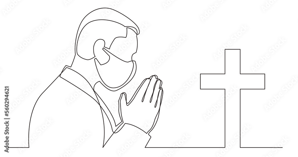Poster continuous line drawing praying man with christian cross wearing face mask - png image with transpar