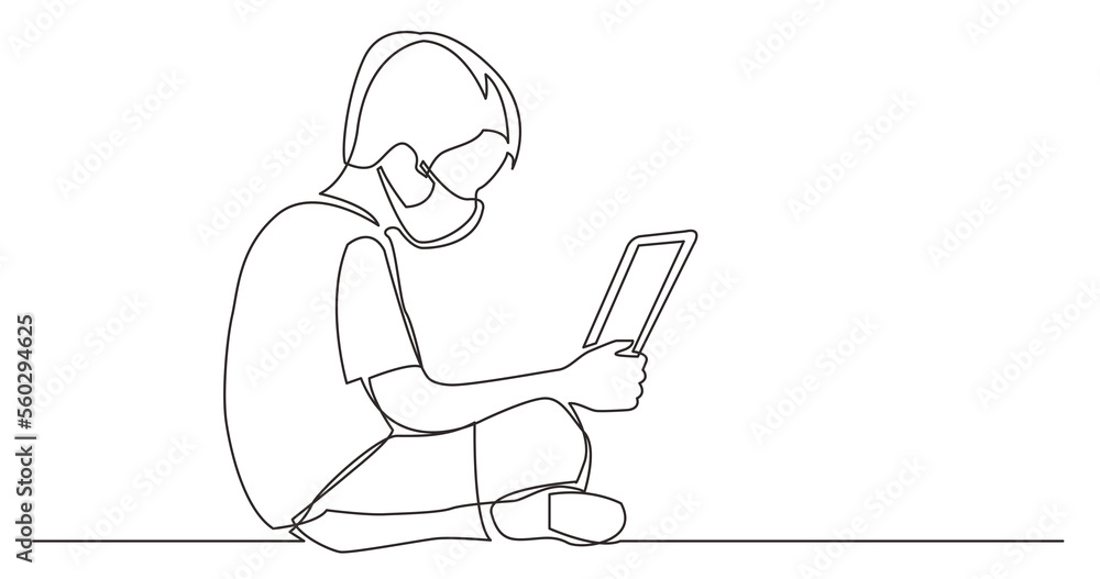 Poster continuous line drawing sitting boy watching laptop computer wearing face mask - png image with tran