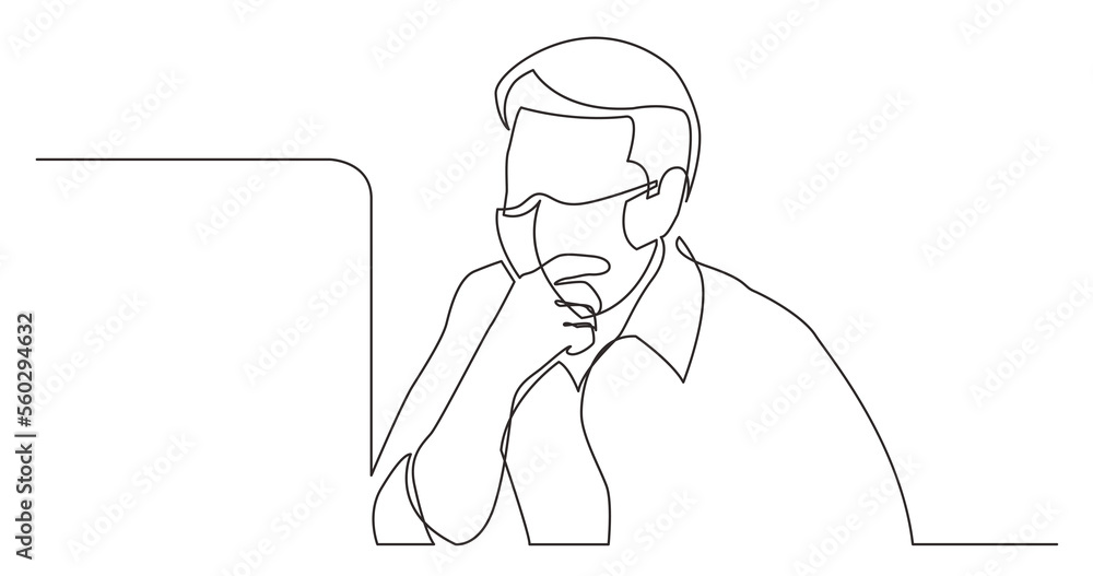 Poster continuous line drawing sitting computer worker focused on work wearing face mask - png image with t