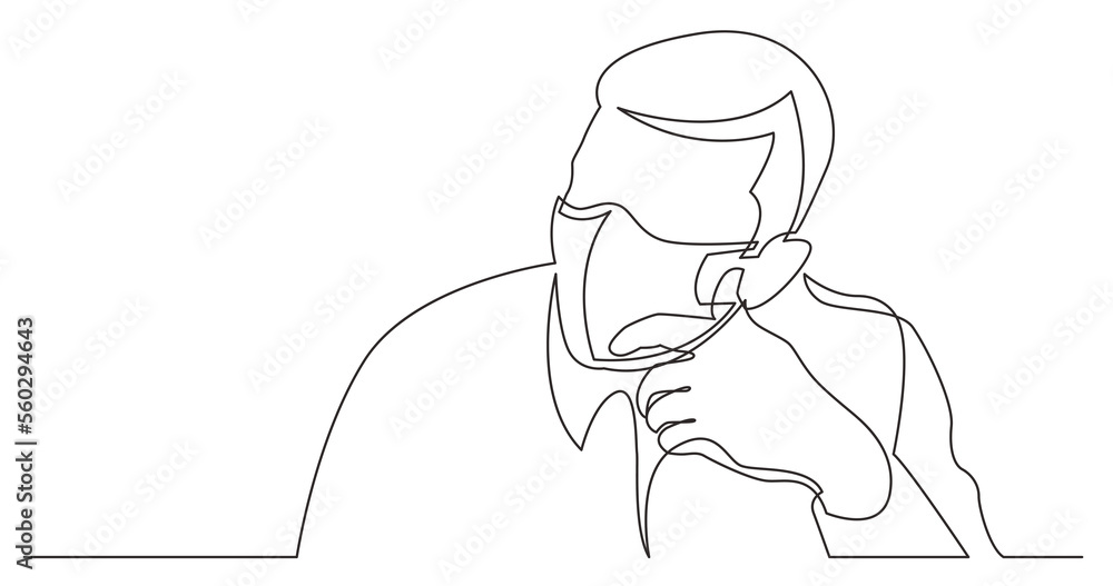 Poster continuous line drawing sitting man in deep thoughts wearing face mask - png image with transparent 