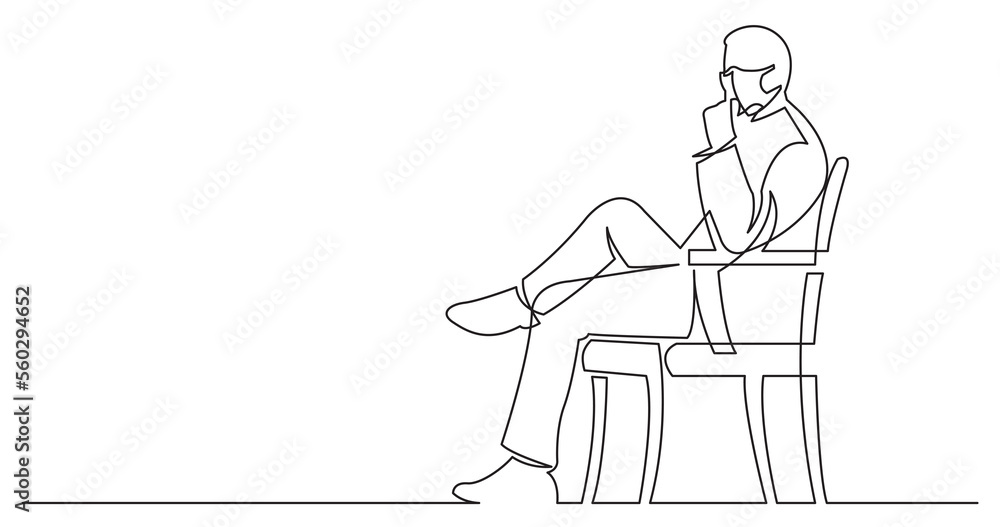 Poster continuous line drawing sitting thinking wearing face mask - png image with transparent background