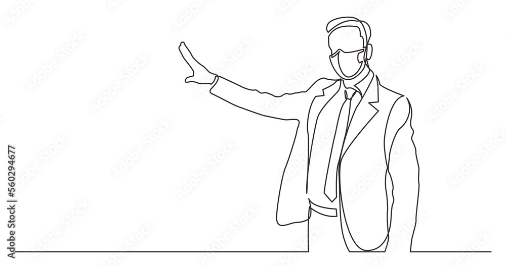 Poster continuous line drawing standing businessman presenter showing at screen wearing face mask - png ima