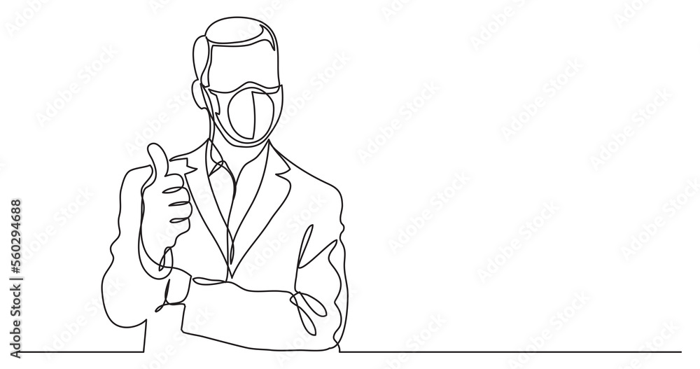 Poster continuous line drawing standing businessman showing thumb up wearing face mask - png image with tra
